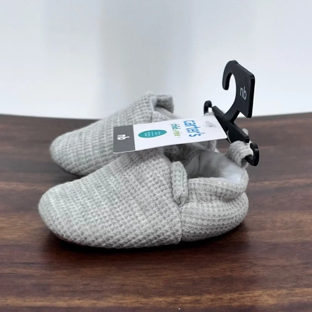 Carters Gray Booties Unisex Newborn NB Waffle Knit Soft Sole Slip On Shoes NEW